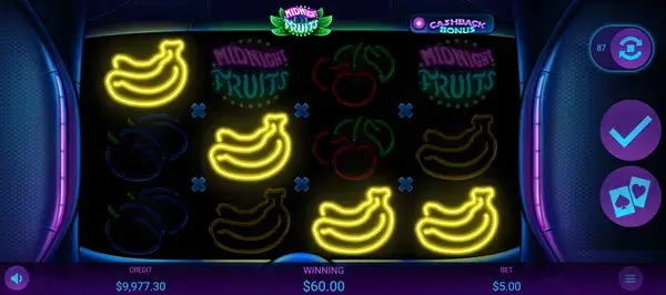 Midnight Fruits 81 reels with three identical symbols highlighted by dotted neon circles and a non-zero winning amount shown at the bottom