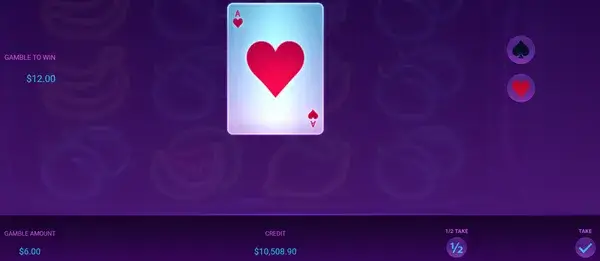 Gamble feature screen in Midnight Fruits 81 with a playing card in the center, GAMBLE TO WIN and GAMBLE AMOUNT values, and Red-Black suit buttons on the right