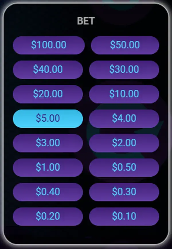 Midnight Fruits 81 bet screen with all stake options in a grid layout with the minimum bet highlighted in cyan